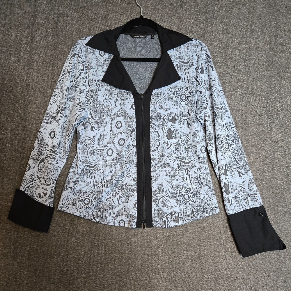 Samuel Dong Floral Paisley Zipper Jacket Top‎ Blazer Size Large Open Collar Blue